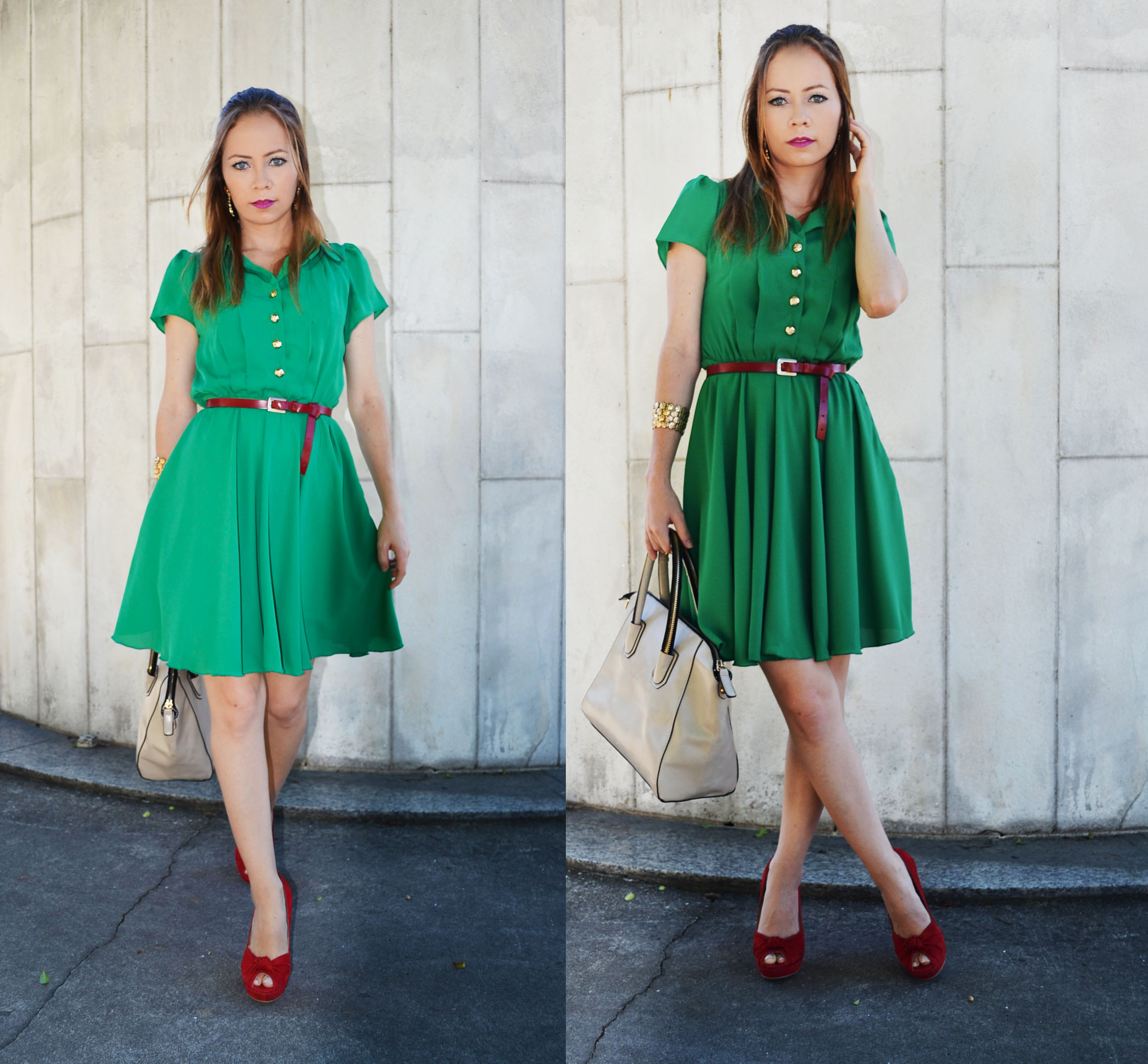 vestido verde e sapato vermelho